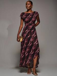 Макси-платье с короткими рукавами и сетчатым драпированием Jolie Moi, Pink Abstract