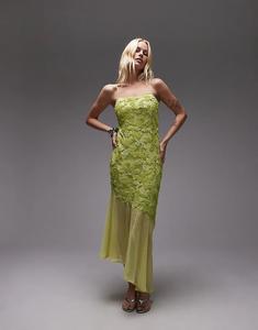 Платье-комбинация Topshop с декоративным подолом годе лаймово-зеленого цвета