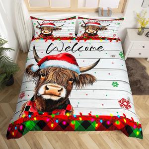 Erosebridal Комплект постельного белья с новогодним принтом коров хайленд и снежинками, Red Brown Grey