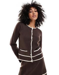 Вязаный кардиган Object с контрастными деталями отделки коричневого и кремового цветов