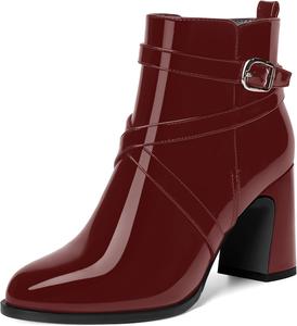 Женские ботильоны ROSERWISH из лакированной кожи для путешествий и активного отдыха с круглым носком, пряжкой, молнией, ремешком вокруг щиколотки и устойчивым каблуком 3,3 дюйма