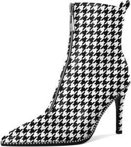 Женские модные ботильоны AUMOTED с заостренным носком, сексуальные на молнии, с украшением из бисера, вечеринка, вышивка, на высоком каблуке 3,7 дюйма, Matte Houndstooth