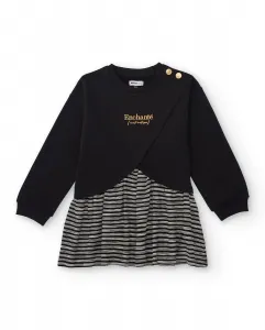 Черное платье-свитшот для девочки с юбкой в полоску и вышитой деталью Tuc tuc