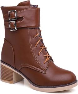 Женские ботильоны VOKLIN в западном стиле с круглым носком, на шнуровке, платформой, массивным средним каблуком и заклепками, Brown Tan