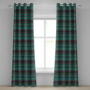 Шторы на люверсах ABAKUHAUS Tribal, нарисованные вручную в этническом ацтекском стиле - геометрический узор с острыми формами и полосками, декоративные двухпанельные шторы, 280 см x 245 см, цвет: красно-синий, бирюзовый