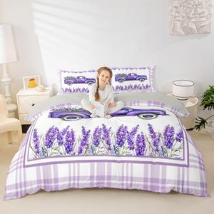 Erosebridal Комплект постельного белья Happy Camping с лавандовым цветочным принтом и клетчатым узором для спальни, White and Purple