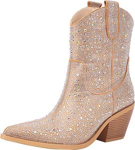 Сапоги Vivianly Rhinestone Cowboy для женщин, западные блестящие ботильоны на щиколотку Cowgirl, женские блестящие сапожки средней длины с блестками, заостренный носок, массивный каблук, Nude