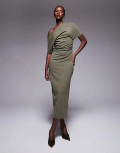 Платье-футляр миди ASOS DESIGN со складками на плечах цвета хаки