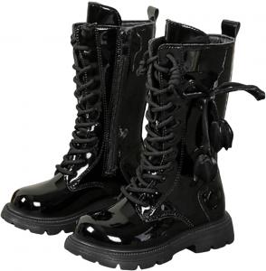 Ботинки для девочек Милая шнуровка Верховые ботинки до середины икры Из искусственной кожи Каблук-ковбой Платформа Круглый носок Модная обувь на осень Generic, H- Black