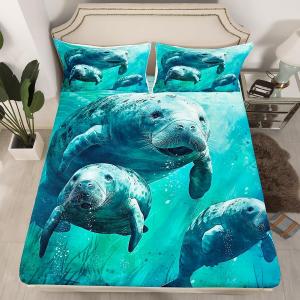 Erosebridal Комплект постельного белья Manatee Family с водяным принтом морских коров в морской тематике, голубого и зеленого цветов, Multi 06