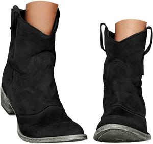 Женские замшевые ботильоны с низким каблуком, ковбойский стиль, округлый носок, средний каблук, без застежки, свободная посадка, модный ретро дизайн, молния сзади, короткие осенние ботильоны Generic, Black
