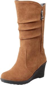 Сапоги DINTAHA на танкетке из искусственной замши с мягкой посадкой до середины икры для осени и зимы, Brown