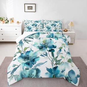 Erosebridal Абстрактный комплект постельного белья Watercolor Floral с ботаническими листьями и цветочным принтом в синих тонах, Teal Blue
