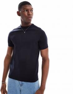 Потертая трикотажная футболка с круглым вырезом темно-синего цвета Threadbare