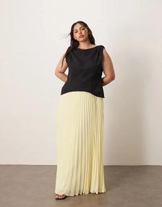 Платье-макси с плиссированной юбкой и закругленными плечами ARRANGE, контрастное черное и молочно-белое