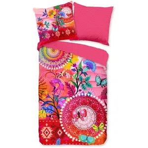 Модное двустороннее постельное белье «Giselah», Мако-сатин, 135х200, молния, двусторонний вид, мандала, разноцветный, розовый Hip