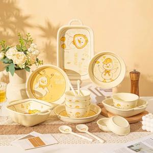Ceramics Набор миски и тарелки для дома с желтым глянцевым дизайном утка, 3 предмета на 1 человека