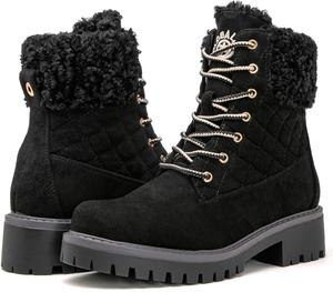 Женские стеганые ботильоны GLOBALWIN Модные боевые ботинки на шнуровке Ботинки с низким каблуком Теплые меховые ботильоны для женщин, 1915 Black2