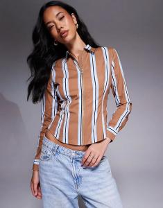 Рубашка ASOS DESIGN облегающего кроя на молнии в сине-коричневую полоску