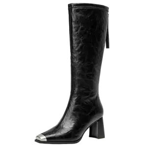GUDIANFENGDU Высокие сапоги на каблуке 7 см женские черные без подкладки, цвет Black (Unlined)