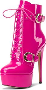 Женские лакированные ботильоны на платформе Aachcol, застежка на шнуровку, высокий каблук-стилет, пряжка и молния, короткие ботинки, туфли для выпускного платья, каблук 15 см, Magenta