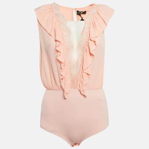 Боди-топ Elisabetta Franchi из шелкового кружева оранжево-персикового цвета