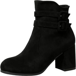 Женские замшевые ботильоны с круглым носком и массивным каблуком, на щиколотке, с двумя пряжками, в ретро-стиле, с боковой молнией, короткие ботинки для деловых встреч, свадеб и официальных мероприятий NXNBHSL, Black