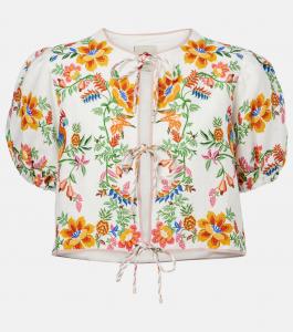 Льняная блузка с пышными рукавами и цветочным принтом Farm Rio, Delicate Forest Scarves