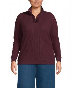 Пуловер большого размера с длинными рукавами, вафельной текстурой и молнией до середины груди Lands' End, Lush burgundy