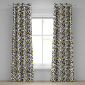 Серо-желтая штора на люверсах ABAKUHAUS, футуристический дизайн Зигзаг-треугольник с желтыми деталями, декоративная двухпанельная штора, 280 см x 245 см, антрацитово-серый бархатистый оттенок Abakuhaus