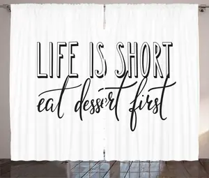 Штора в деревенском стиле с цитатой ABAKUHAUS, простая, с надписью Сначала съешьте десерт, присборенная штора для спальни с петлями и крючками, 280 x 225 см, цвет: антрацитовый, белый Abakuhaus