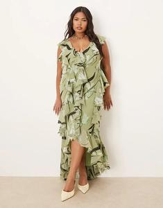Платье макси ASOS DESIGN Curve с оборками и косым кроем, открытой спиной и зеленым цветочным принтом Asos Curve