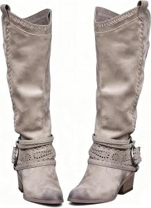 Винтажные высокие сапоги с боковой молнией, удобные бохо-сапоги из кожи до колена, с массивным каблуком средней высоты, модные осенние платья, высокие зимние ботинки Generic, Khaki