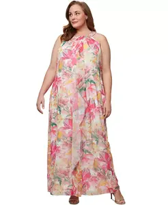 Платье больших размеров из шифона с лифом-халтер и оборками SL Fashions, розовый