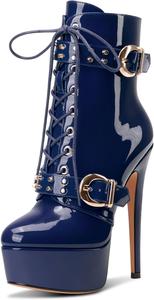 Женские лакированные ботильоны на платформе Aachcol, застежка на шнуровку, высокий каблук-стилет, пряжка и молния, короткие ботинки, туфли для выпускного платья, каблук 15 см, Navy Blue