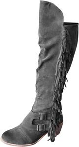 Зимние женские теплые ботфорты с бахромой, выше колена, повседневные, ретро, с круглым носком, на молнии, вестерн, длинные ботильоны XHLEMON, 6 Grey