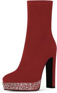 Женские модные ботильоны YDN, заостренный носок, украшенные заклепками, на платформе с широким каблуком, боковая молния, для вечеринок, вечера и шопинга, размеры 4-16 US, Red