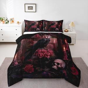 Erosebridal Комплект постельного белья Halloween Gothic Rose Raven с черепами и цветочным принтом, черный, Black Red White