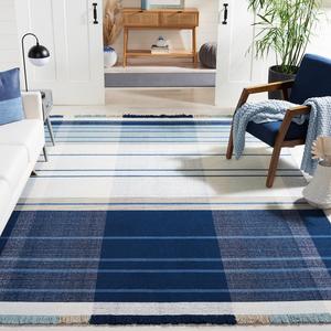 Ковер SAFAVIEH, 183 x 183 см, Striped Kilim Collection, Blue & Beige, плоское плетение из шерсти, идеально для помещений с высокой проходимостью в гостиной, спальне (STK707M)