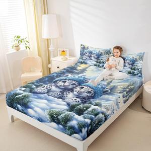 Erosebridal Комплект постельного белья Wildlife Tiger с милым мультяшным тигром в снежном лесу, White Blue Green