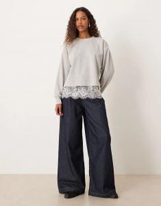 Толстовка ASOS DESIGN свободного кроя с кружевным подолом серого цвета