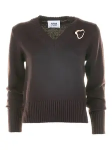 Свитер с V-образным вырезом и украшением в виде броши Alpha Studio, коричневый