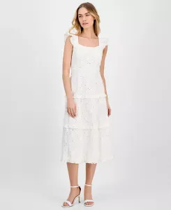 Женское миди-платье с квадратным вырезом и ярусной отделкой в стиле "айлет" Anne Klein, белый