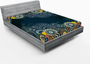 Простыня на резинке ABAKUHAUS Psychedelic, с ярким винтажным дизайном, декоративными листьями, пейсли, поп-арт, мандалой, 90 x 190 см, сине-желтая Abakuhaus