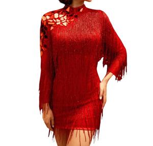 Красное коктейльное платье с высоким воротником и бахромой из бисера Primavera