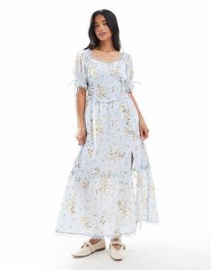 Платье-макси Miss Selfridge Petite с принтом «молочница» с синим цветочным принтом