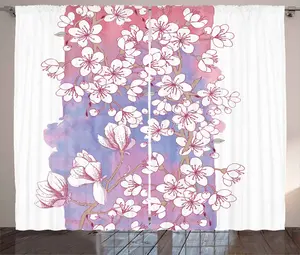 Штора ABAKUHAUS Магнолия в деревенском стиле, японское весеннее цветение, присборенная тесьма для спальни с петлями и крючками, 280 x 225 см, лавандово-зеленый и розовый Abakuhaus