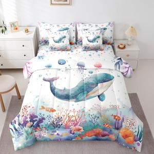 Erosebridal Комплект постельного белья Cute Whale с морскими животными для детей из мягкого материала, White Blue