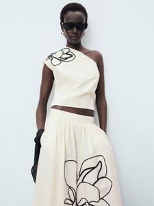 Топ Bari Cotton с асимметричной вышивкой цветами Mango, Natural White