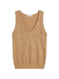 Топ с V-образным вырезом и пайетками от Wkdtempo Weekend Max Mara, бежевый